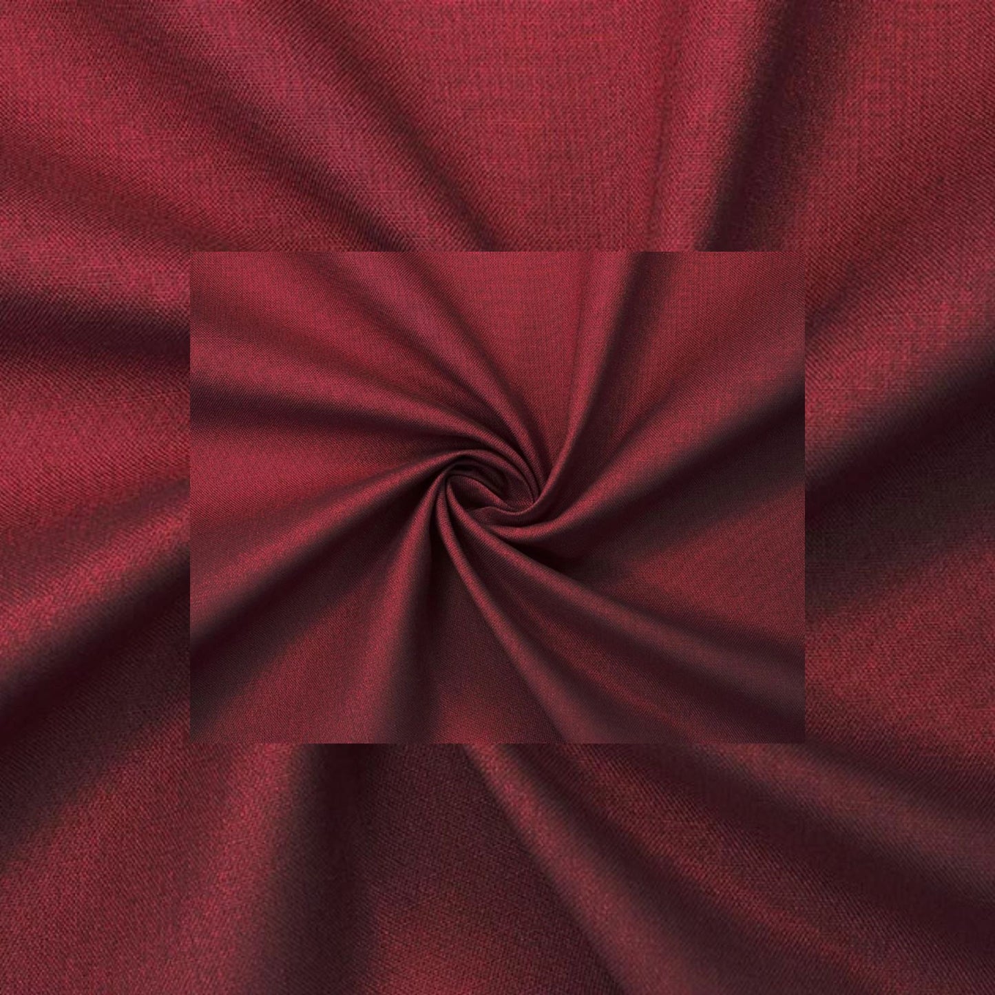 A close-up of deep burgundy fabric with a central square inset showing the same material swirled into a spiral, highlighting its texture and sheen.