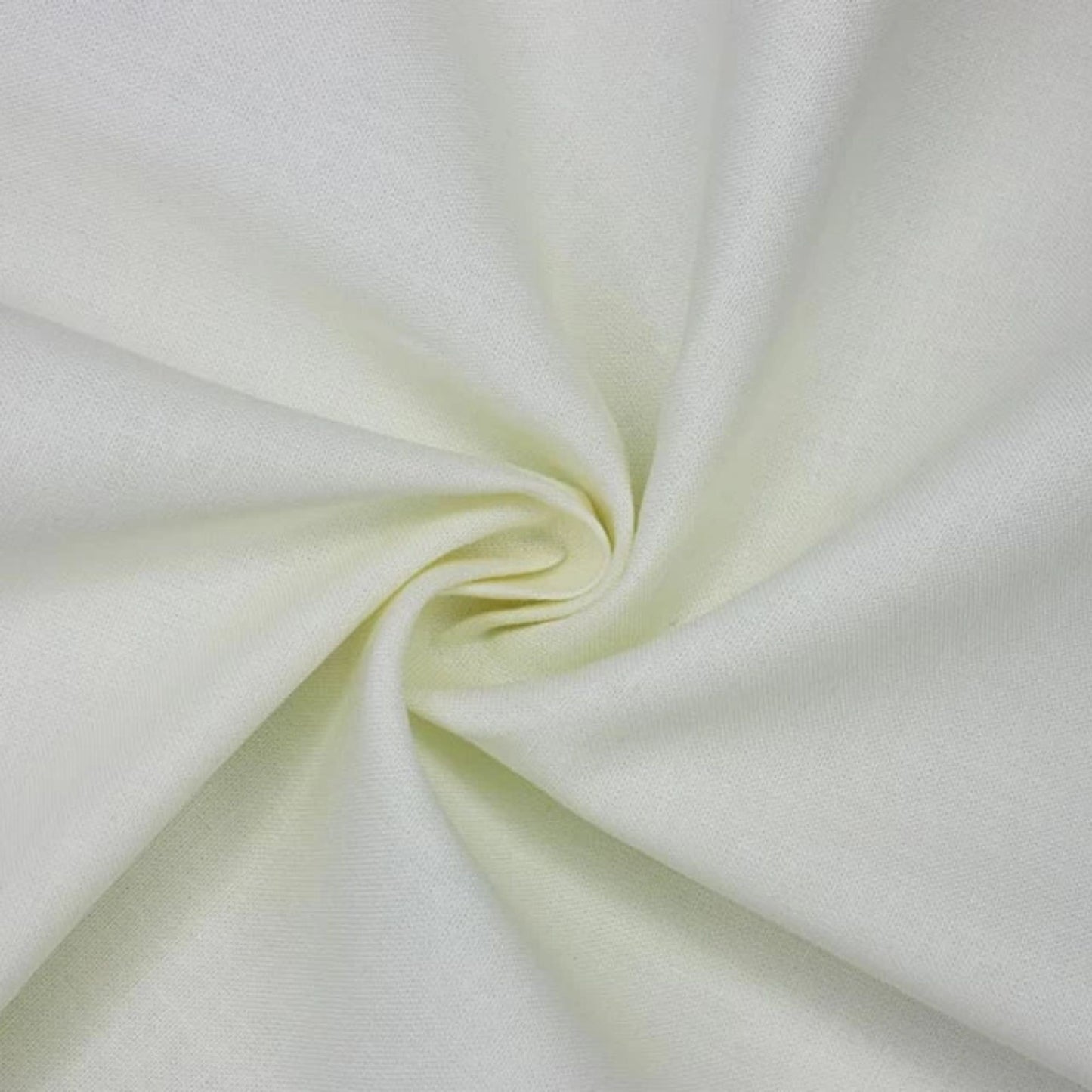 A close-up of pale cream or off-white ivoryfabric arranged in a spiral drape, showing the material texture and soft folds.