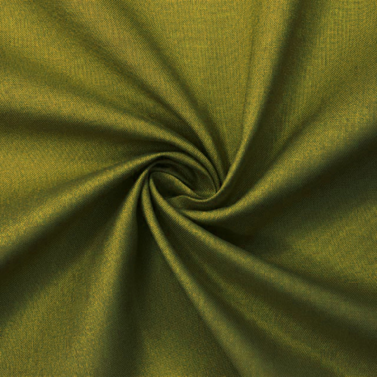 A close-up of olive green fabric arranged in a spiral drape, showing the material texture and color.