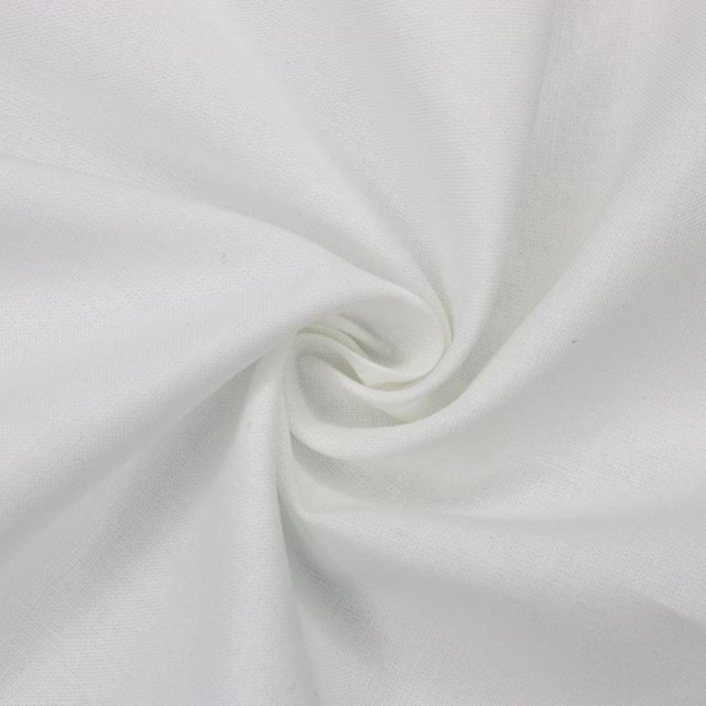 White fabric with a soft, textured weave, styled in a central spiral drape to show its drape and texture.