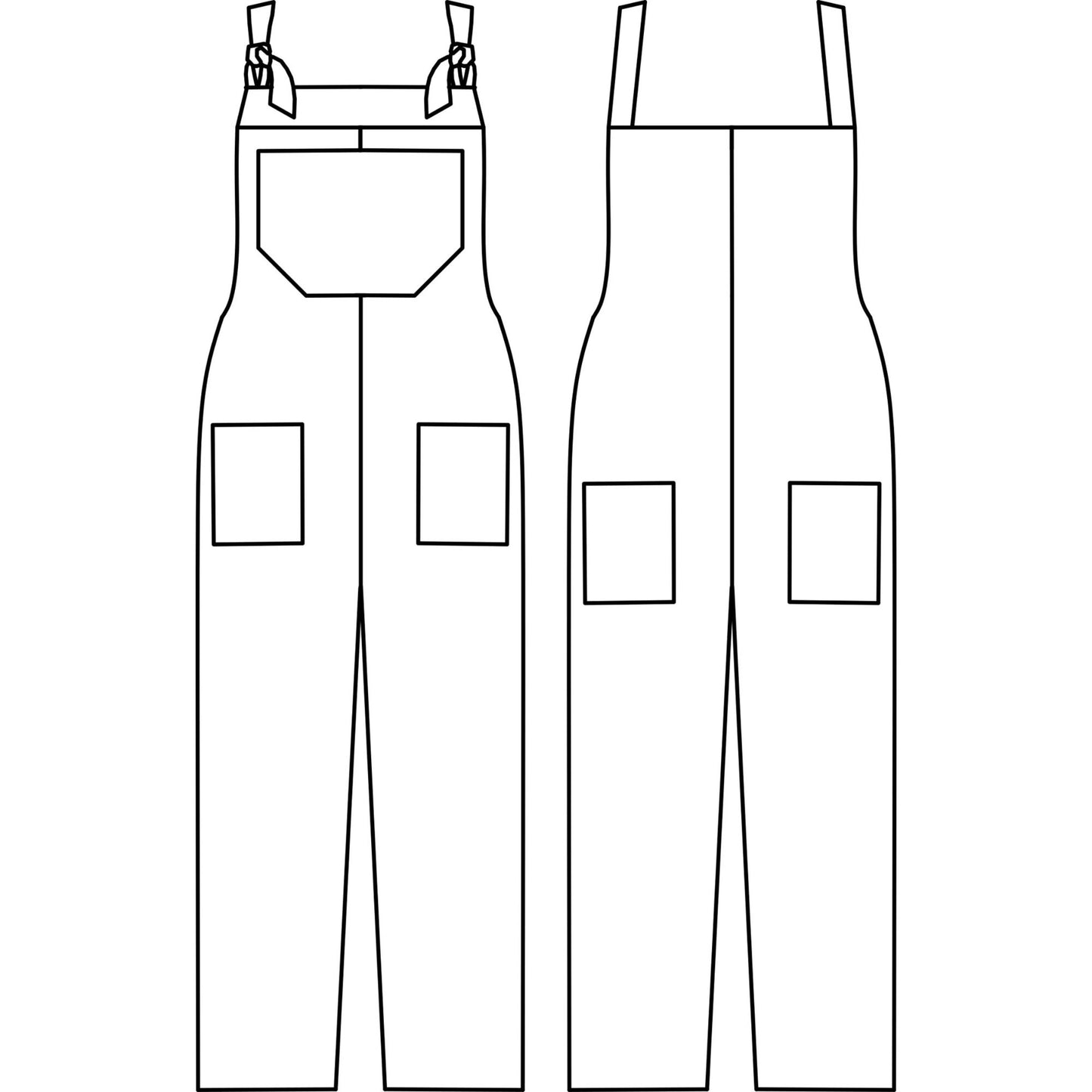 Sussex seamstress sewing pattern Denton Dungarees Black and white line art vector diagram showing two front views of bib overalls with chest straps, waist straps, and square patch pockets.