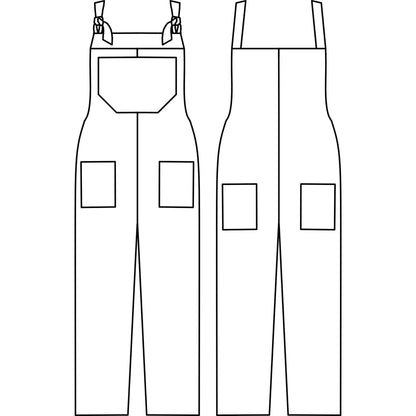 Sussex seamstress sewing pattern Denton Dungarees Black and white line art vector diagram showing two front views of bib overalls with chest straps, waist straps, and square patch pockets.