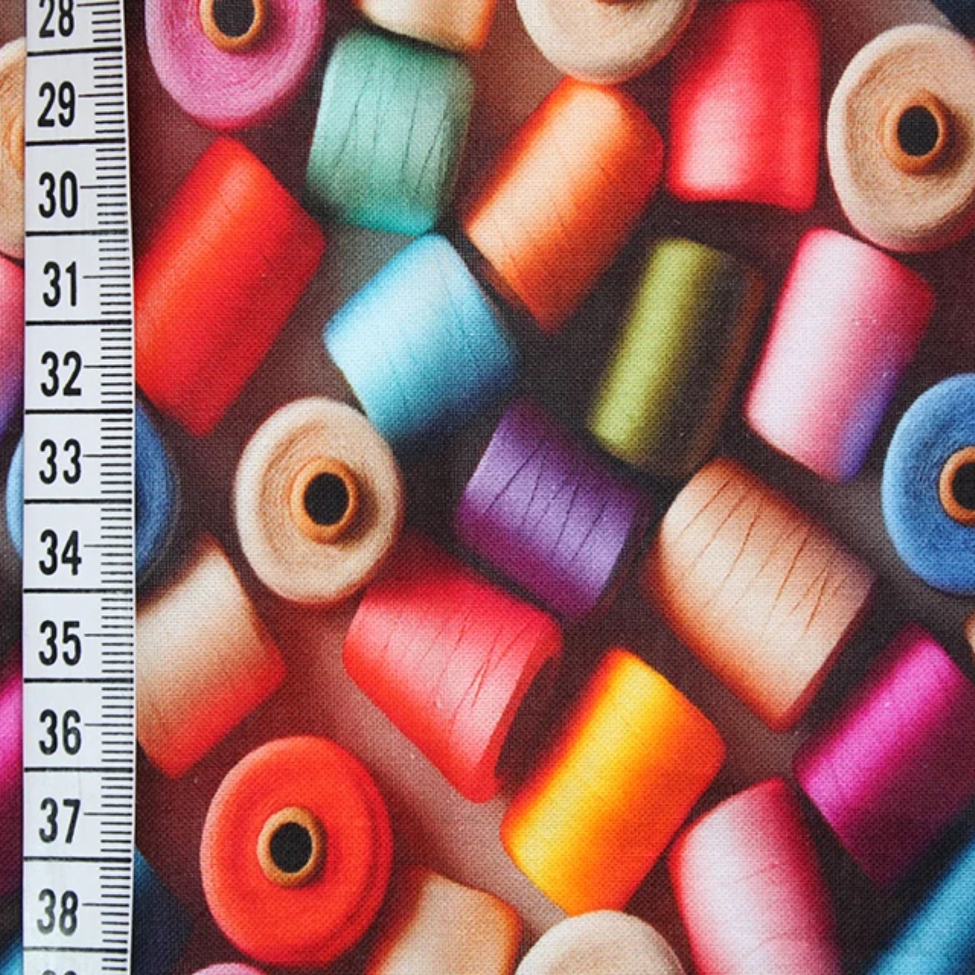 A close-up of fabric featuring a colorful pattern of spools of thread in pink, blue, orange, green, purple, and red, with a white ruler on the left side showing measurements.