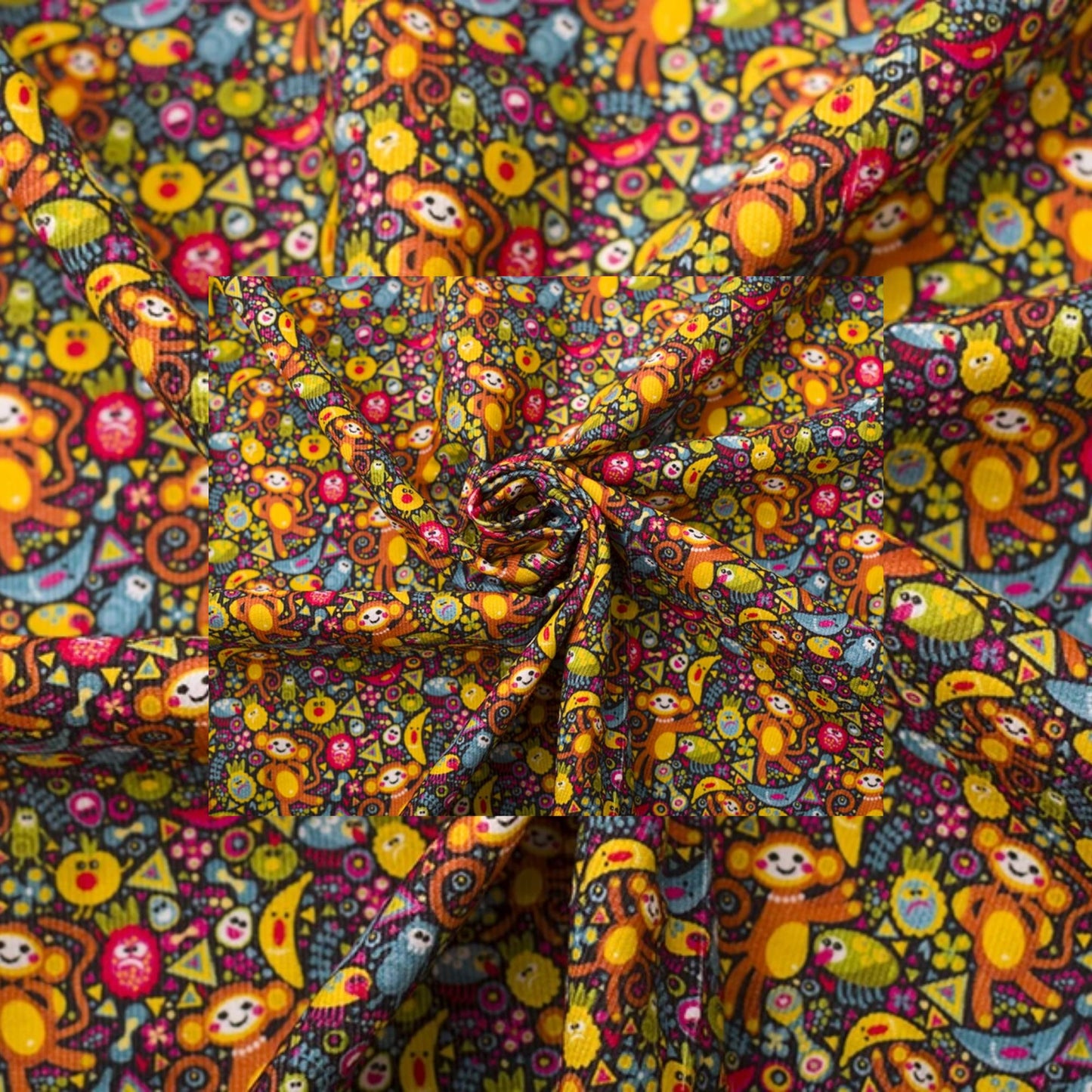 Needlecord 100% Fabric - Multi colour Monkeys on black background
