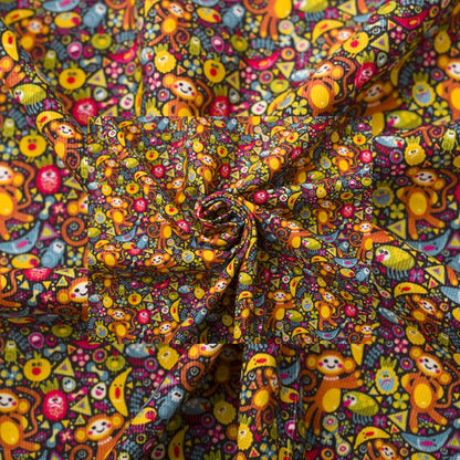Needlecord 100% Fabric - Multi colour Monkeys on black background