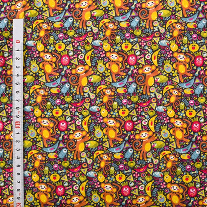 Needlecord 100% Fabric - Multi colour Monkeys on black background