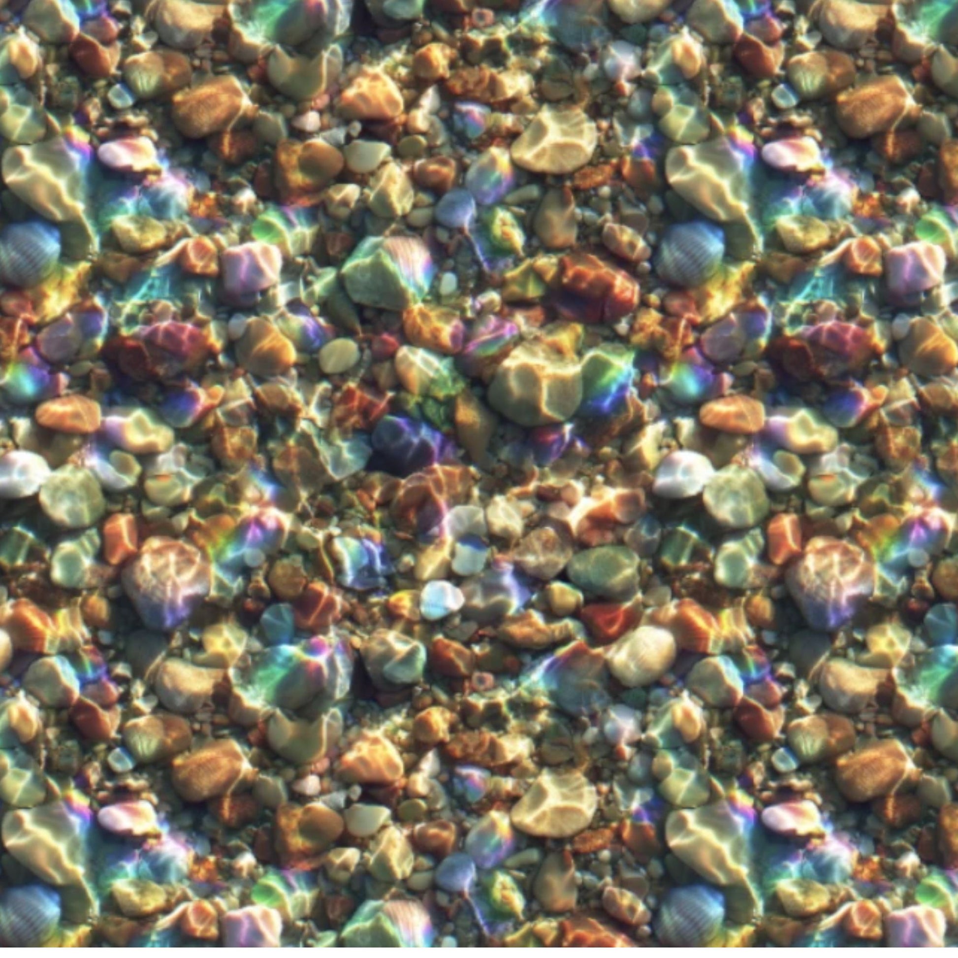 A close-up texture of small multicolored fabric pebbles and stones in shallow water, with iridescent rainbow reflections across the surface.